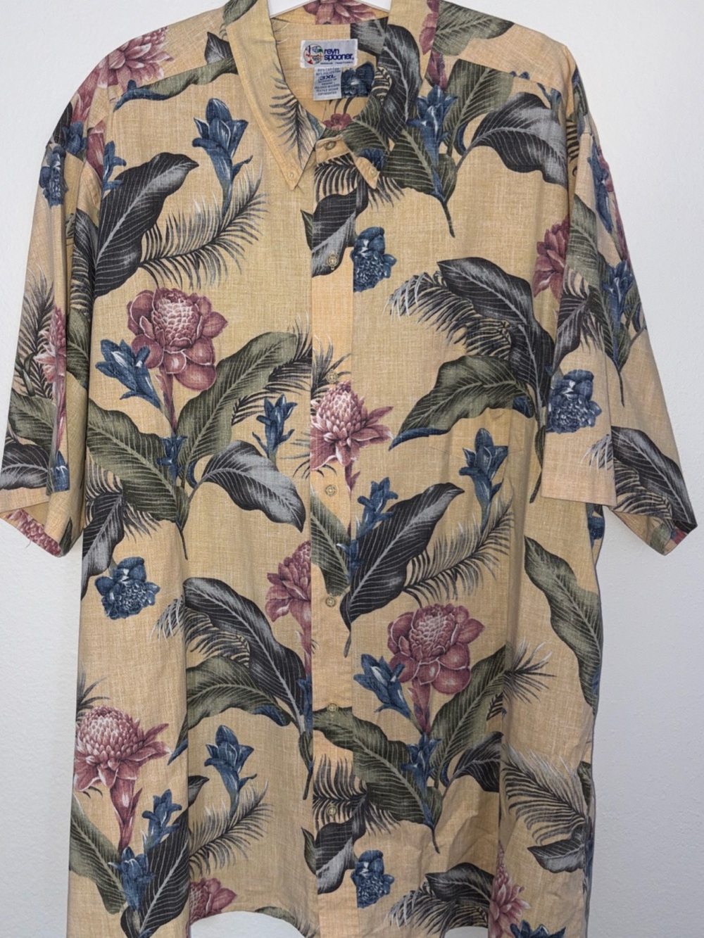 reyn spooner Beige Hawaiian Shirt with Blue & Green Tropical Print